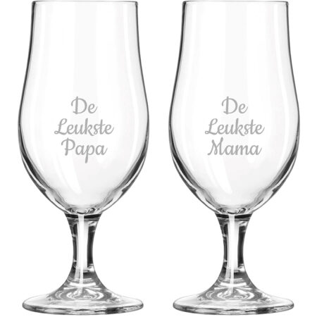 Gegraveerde bierglas op voet 49cl De Leukste Mama-De Leukste Papa