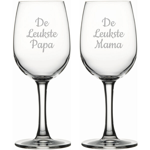 Gegraveerde witte wijnglas 26cl De Leukste Mama-De Leukste Papa