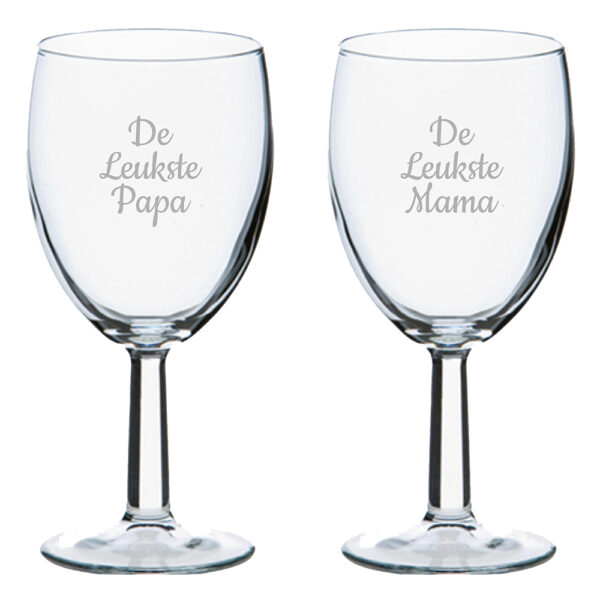 Gegraveerde wijnglas 24.5cl De Leukste Mama-De Leukste Papa